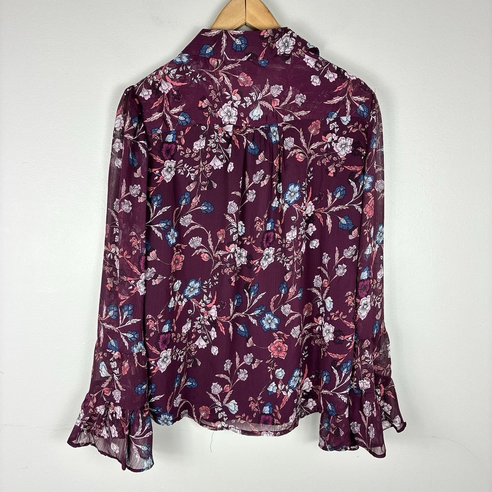 CeCe Floral Blouse L Purple Plum Bell Ruffle Long Sleeves Boho Peasant Hippie - Picture 6 of 10